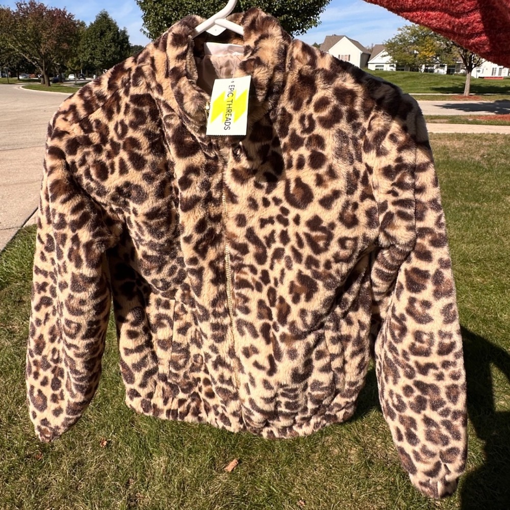 Epic Threads Big Girls Leopard Print Faux Fur Sherpa Zip Jacket Size M 10-12 NWT